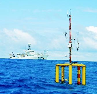 Scientists research the exchange of carbon dioxide between the atmosphere and ocean. This photograph shows the Ronald H. Brown, a research vessel of the National Oceanic and Atmospheric Administration, in the Equatorial Pacific Ocean during the GASEX II expedition in 2001. The floating instrument in the foreground measures a number of parameters associated with the transfer of CO2 across the air–sea interface.