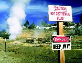 The super-heated nature of geothermal fluids creates a hazard to animals and humans. This sign at a geothermal power plant in California (sited on a geyser field) warns visitors to use caution.