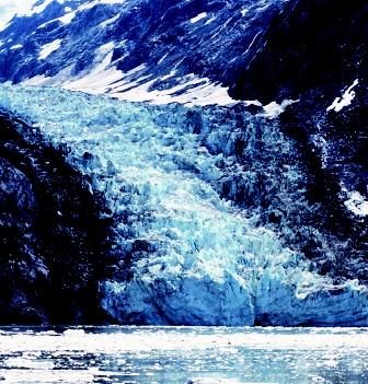 A glacier moving down a valley changes the shape of the valley sides and floor. When a glacier reaches the ocean or a large lake, large pieces can break off, or "calve," to form icebergs. Smaller pieces of ice are known as bergy bits and growlers.