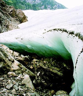 As glaciers move over bedrock, they sculpt the surface by grinding and polishing rock surfaces and by plucking blocks of bedrock from the overridden outcrops. This photograph shows the contact between one small area of the Mendenhall Glacier and the rocky ground of southeast Alaska.