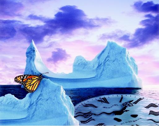 This artistic representation of global warming poses the questions "when?" and "what will happen to the world's oceans?" Melting of ice found in glaciers, ice shelves, icebergs, and sea ice is the most common expectation, but other possible effects are equally far-reaching. The butterfly represents the so-called "butterfly effect," the principle associated with mathematical chaos theory, which says that small changes in initial conditions can lead to very great ones in the final phenomena; hence, accurate prediction becomes impossible.
