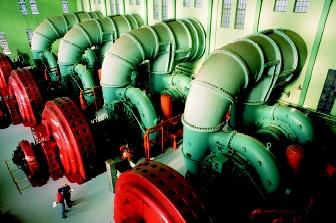 Hydropower generates about 24 percent of the world's and 12 percent of the United States' electricity. Shown here are the massive turbines inside a hydropower plant along Washington state's Spokane River.