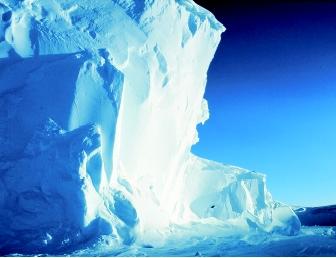 Scientists study glaciers, ice sheets, ice shelves, and other ice masses to test theories about ancient climate and to develop hypotheses about future climate. Ocean circulation and plate tectonics are among the physical processes that play a key role in long-term climate change. Shown here is part of the Ross Ice Shelf in Antarctica's Ross Sea.