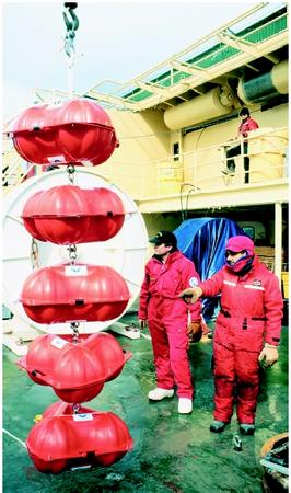 The data collected at moorings and platforms give scientists the information they need to pursue some of the most pressing scientific and environmental questions of the twenty-first century. Here, oceanographers with the National Oceanic and Atmospheric Administration prepare floats for a mooring deployment from the deck of a research vessel in Antarctica's Ross Sea.