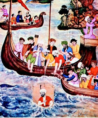 This sixteenth-century painting from India shows Alexander the Great (356–323 B.C.E.) being lowered in a glass diving bell. Historians believe that Alexander used diving bells in warfare.